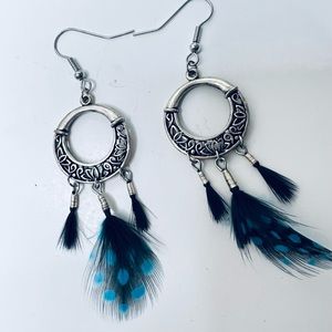 Pierced silver tone with blue feathers earrings . NWOT